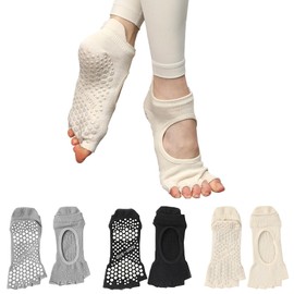 Sunolkie 3 Pairs Yoga Pilates Socks, Non-Slip Socks, Fitness Dance Socks for Women, Yoga Socks, Open Toe, Non-Slip, Made of Breathable Cotton, 3 Pairs, White + Black + Grey, One Size, White + black +