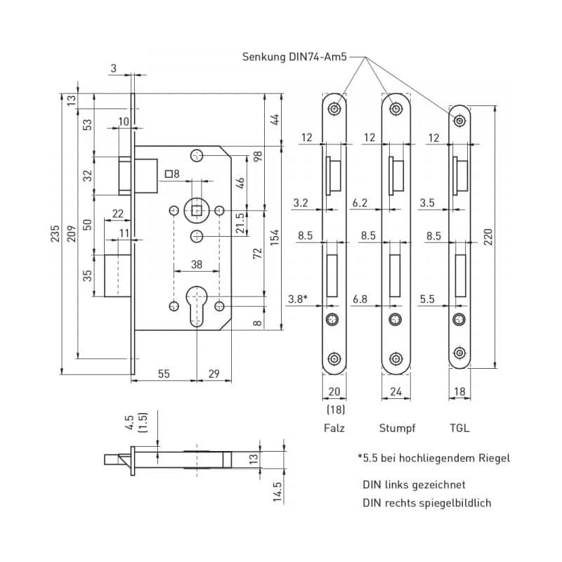 FELGNER Profile Cylinder Mortise Lock | 2-turn | Backset 55