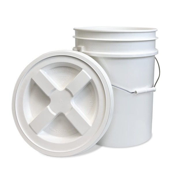 5 Gallon Bucket with Gamma Seal Screw on Airtight Lid, Food Grade Storage, Premium HPDE Plastic, BPA Free, Durable 90 Mil All Purpose Pail, Color: White, Made in USA