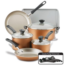 Farberware Cookstart DiamondMax Nonstick Cookware/Pots and Pans Set, Dishwasher Safe, Includes Baking Pan and Cooking Tools, 15 Piece - Copper