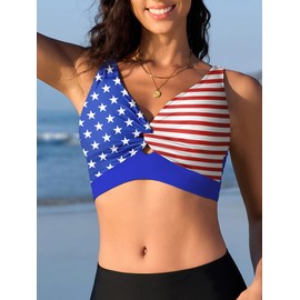 American Trends 4th of July Bikini Top for Women Patriotic Stars and Stripes Bikini Tops 2025 Padded V Neck Adjustable Tank Bathing Suits L