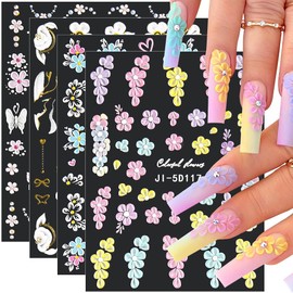 5D Embossed Flower Nail Stickers for Nail Art 5D Acrylic Carved Flower Nail Decals Rose Butterfly Nail Art Stickers Floral Petals Nail Design Stickers Flower Stickers for Nails DIY Nail Accessories