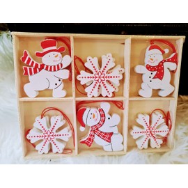 Snowman and Snowflake Wooden X'mas Tree Decorations - Set of 12