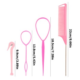 4Pcs Topsy Tail Hair Tool Hair Looping Tool Hair Braiding Tool with Rat Tail Comb, Ponytail Loop Hair Bands Remover Cutter Fast Hair Styling Accessories for Hair Braid