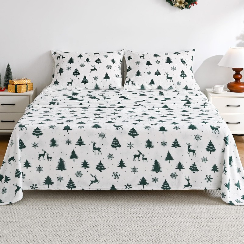 Viviland Plush Christmas Holiday Micro Fleece Queen Bed Sheet Set,