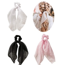 SCRMROIA 3 Packs Scarf Scrunchies, Polka Dot Daisy Flower Hair Scarf Scarves, Satin Silk Long Tails Scrunchy, Bowknot Hair Bands, Elastics Ponytail Holder, Donut Hair Ties for Women Girls (Style 1)