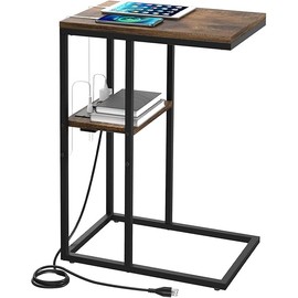 Yoobure C Shaped End Table with Charging Station for Living Room, Bedroom, Sofa Table with USB Ports and Outlets for Small Spaces, C Couch Rustic Snack Bed Table