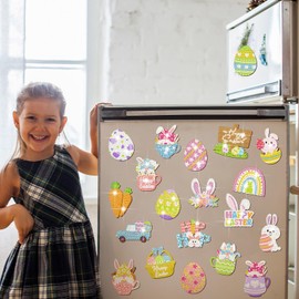 Crowye 20 Pcs Easter Diamond Painting Magnets Easter Refrigerator Magnets Diamond Painting Stickers DIY Bunny Egg Holiday Diamond Art Magnets Kits Decor for Kitchen Fridge Whiteboards Craft Decoration