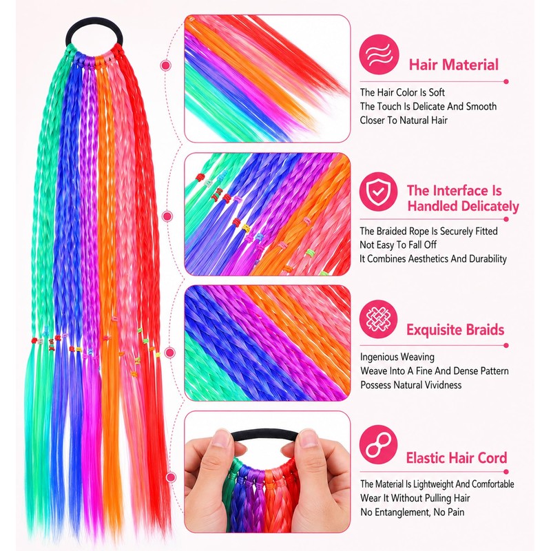 6PCS Colored Hair Extensions for Kids, Gradient Rainbow Braid Ponytail