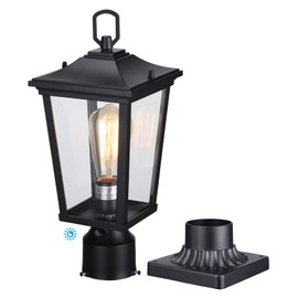 LEONLITE 17 Inch Dusk to Dawn Outdoor Post Light, Post Lantern with Pier Mount Base, Aluminum Modern Pole Lantern, Clear Glass Exterior Lamp Post Light Fixture for Patio, UL Listed, E26 Base, Black