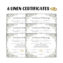 Marriage Certificate with Greenery Eucalyptus on Linen 6pk 8.5x11” License Commitment Ceremony for Photographs Minimalist Wedding Gift Custom
