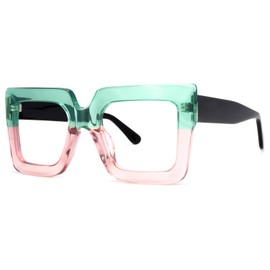 Zeelool Readers Thick Oversized Square Reading Eyeglasses for Women with Standard Anti-Reflective Coating Brandon VFP0306 (Green-Pink, 0.00)