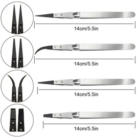 4 PCS Anti-Static Tweezers Set Precision Stainless Steel Tweezer for Crafting, Self Locking Tweezer Non-Magnetic Plastic Tipped Tweezers for Electronics Jewelry Craft Laboratory Hobby,Silver