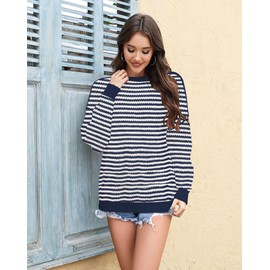 ETCYY Women's Oversized Sweaters Fall 2025 Fashion Winter Clothes Batwing Long Sleeve Knit Sweater Pullover Jumper Tops,Stripe Navy,Medium
