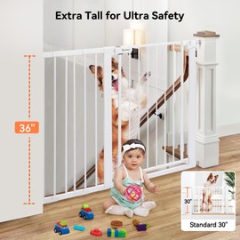 COMOMY 36" Extra Tall Baby Gate for Stairs Doorways, Fits Openings 29.5" to 48.8" Wide, Auto Close Extra Wide Dog Gate for House, Pressure Mounted Easy Walk Through Pet Gate with Door, White