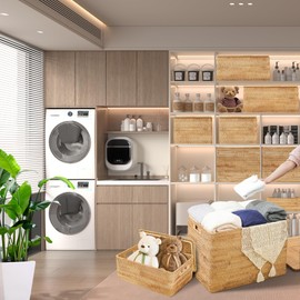 Peslran Rattan Basket With Lid,Large Storage Basket Lidded,Rattan Box For Shelf (14.2" L×10.2"W×9.4"H)