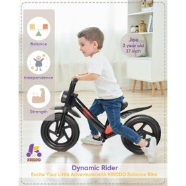 KRIDDO Kids Balance Bike for 2-5 Years, with Front Light, Upgraded Tires for All Terrain, Upgraded Bearing for Smooth and Stable Riding, Front and Rear Fenders, Adjustable Seat, Black