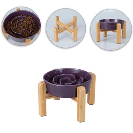 Elevated Slow Feeder Dog Bowl - Raised Ceramic Dog Bowl with Anti-Slip Stand - Fun Maze Dog Feeding Bowl for Fast Eater - Heavy Dog Food Dish - Designed for Small and Medium Dogs - Purple - 6.7 inch