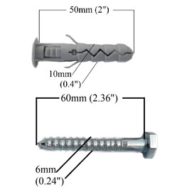 Wall Plugs M10 10 x 50mm and Heavy Duty Coach Screw for Brick Masonry M6 6 x 60mm with 11mm Hex Bolt Set 12pcs