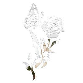 1 Set 3D Rose Mirror Wall Stickers, Acrylic Adhesive Removable Silver Wall Decor, Family Floral Art Mirror Decals Peel and Stick for Bathroom Home Living Room TV Background Sofa Backdrop Bedroom