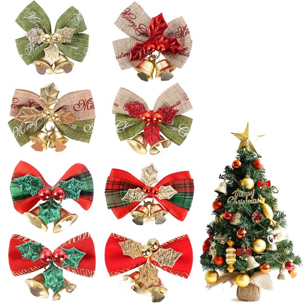 JVHLOV 8PCS Christmas Bow with Bells, Xmas Wreaths Bows Decorations,