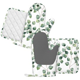 DYCBNESS Eucalyptus Oven Mitts Pot Holders Set Green Leaves Plant Silicone Kitchen Oven Mitts Heat Resistant Sage Green Eucalyptus Potholders Non-Slip 4pcs Hot Pads and Oven Gloves Sets for Cooking