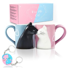 MengCat Gato Tazas de café par, conjunto de tazas de té de cerámica únicas, taza de boda para la novia y el novio,Beso Regalo a juego para aniversario, compromiso, día de San Valentín, cumpleaños