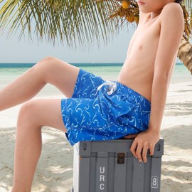 UNICOMIDEA Kids Swimming Short with Compression Liner Blue Boys Bathing Suit Size 7 Swim Trunks Boxer Brief Beach Swimwear Anti Chafe Stretchy Board Short for Big Boy