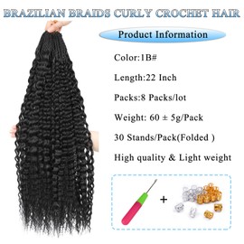 Auxemuen Pre Looped Micro Curly Crochet Hair, 8 Packs, Brazilian Afro Kinky Crochet Hair, Black Braiding Hair Extensions, Deep Wave, Synthetic Mini Senegalese (1B, 22 Inches (Pack of 8))