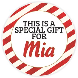 This is a Gift for Mia - 10 Pack Circle Stickers 3 Inch - Candy Cane Merry Christmas Gift Tag Present Tree Holiday Custom Name Santa Claus