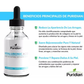 Puridian Acido Hialuronico Suero Para La Piel  100% Puro Arrugas, Manchas De Cara Y Piel
