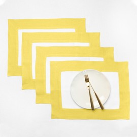 Solino Home Linen Cloth Placemats Set of 4-100% Pure Linen Easter Placemats Sunshine Yellow and White - 14 x 19 Inch Washable Dining Table Mats - Contempo