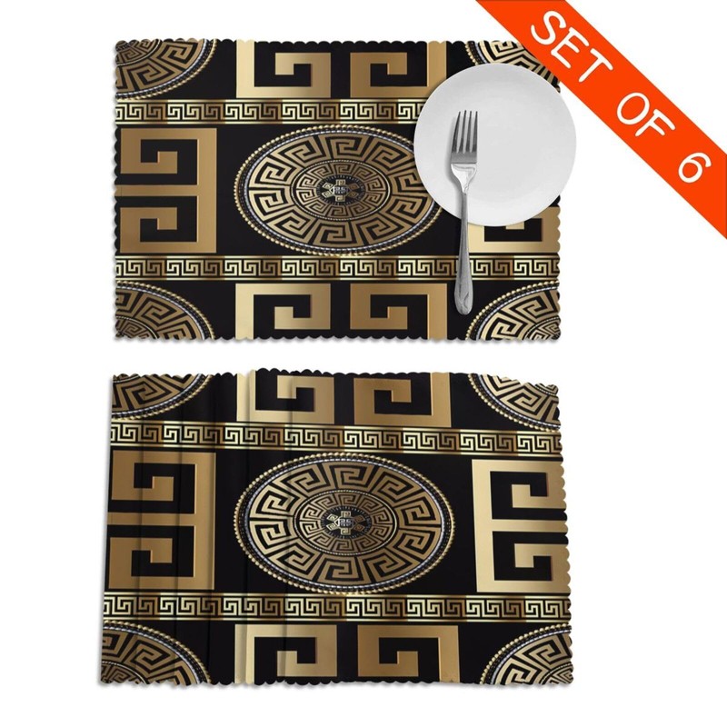 Retro Black Gold Greek Key Meander Luxury Placemats for Dining