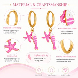 Fish Earrings For Women, Boho Tropical Stainless Steel Sea Life Starfish Enamel Dangle Hoop Earring Hypoallergenic Summer Ocean Themed Dopamine Jewelry Gift (Red Fish Starfish)