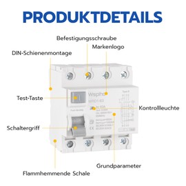 WSPIHO FI Circuit Breaker Type B 63A 30mA 4-Pin RCCB Residual Current Circuit Breaker for EV, Type B, All-Current Intensive for Charger, Electric Car, Wallboxes, Charging Stations