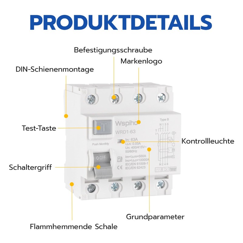 WSPIHO FI Circuit Breaker Type B 63A 30mA 4-Pin RCCB