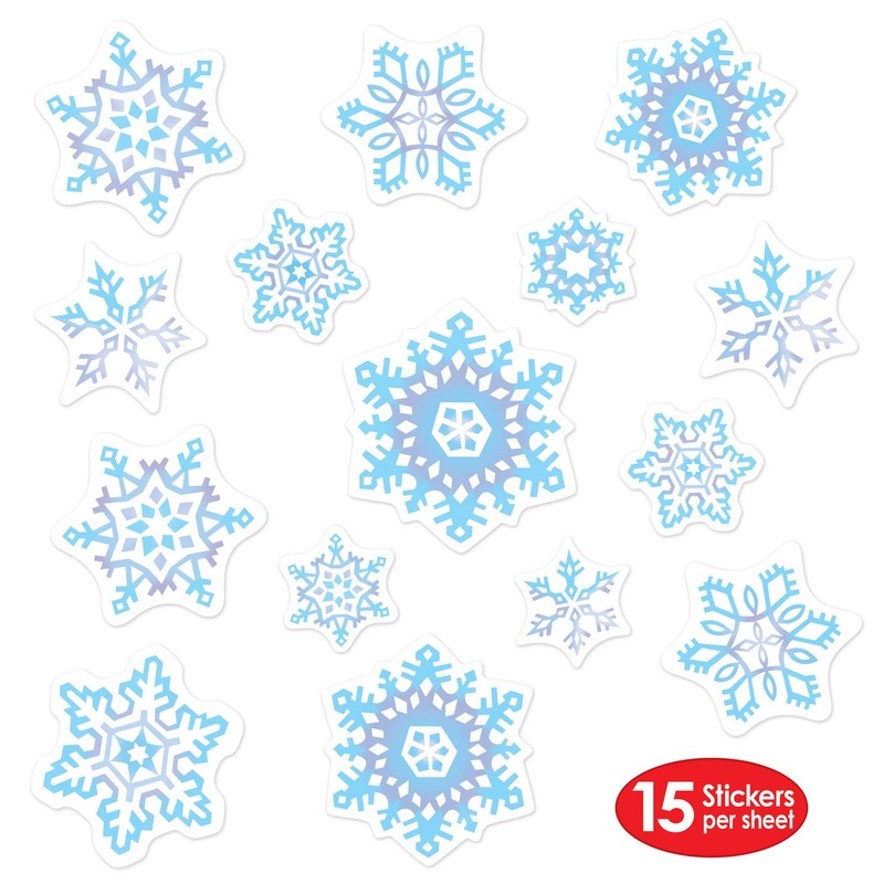 Beistle 4-Sheet Snowflake Stickers, Blue/Grey/White Winter Season Decorations, Snowy Decor