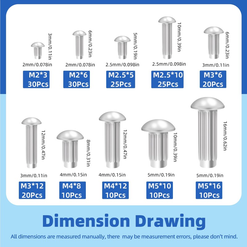 Glarks 190Pcs Solid Rivets Knurled Shanks Set, M2 M2.5 M3