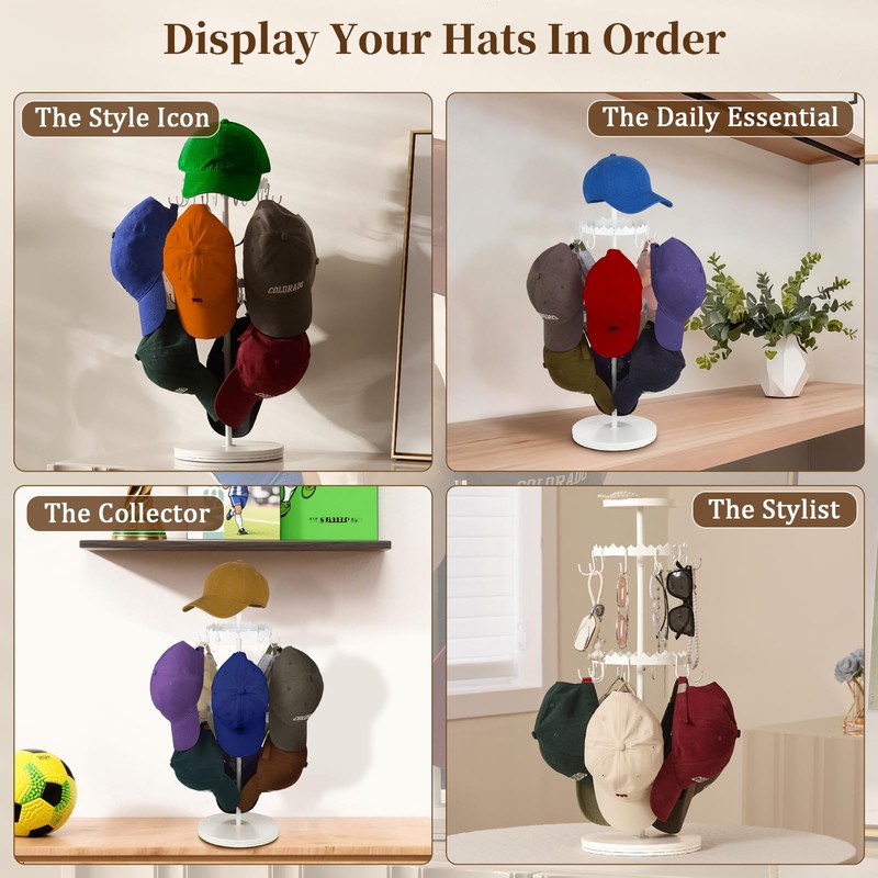 BeeOwner Rotating Hat Organizer for Baseball Caps, 3-Tier Merchandise Display