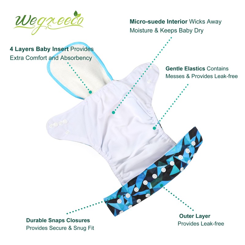 Wegreeco Cloth Diapers 6 Pack with Inserts & Wet Bag,