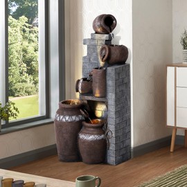 USSerenaY 5-Tiers Garden Fountains Outdoor W/LED Light, Modern Fountain Waterfall Floor-Standing Cascading Water Feature for Patio Deck, Porch, Yard Decor (39.3" H)