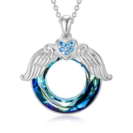 Plesitep - Collar de girasol de plata de ley con colgante de flor de loto, collar de ala de ángel, regalo para mujeres y niñas, Plata esterlina, cristal