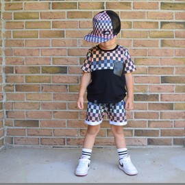 Karesoull Toddler Baby Boy Summer Clothes Set Short Sleeve Checkered Tops & Shorts Novelty Color Block Outfits
