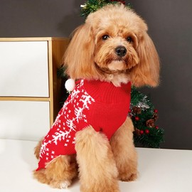 Jecikelon Knit Christmas Dog Sweater for Small Dogs Winter Knitwear Puppy Clothes Soft Warm Pullover Pet Outfits Doggy Cat Clothing with Pom Pom Ball (X-Small, Red)