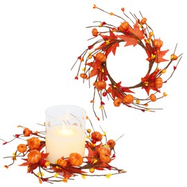 ZHUIGUANGZE - Anillo de Navidad de calabazas de otoño con hojas de arce con bayas y corona de vela de 10 pulgadas, soporte artificial para anillo de granja, cosecha de otoño, boda, fiesta, mesa de