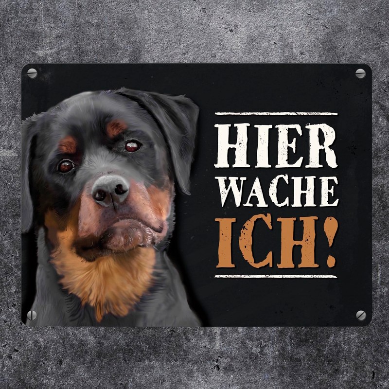 Metal Sign with Rottweiler Motif and Saying: Hier wache ich!
