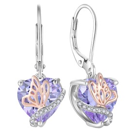 YL Heart Earrings 925 Sterling Silver Butterfly with 12 Birthstone Cubic Zirconia Earrings Jewellery Gifts for Women Mother Girlfriend Her, Silver, Alexandrite