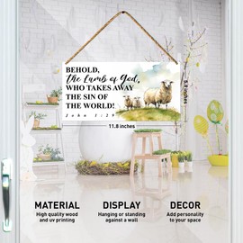 Christian Easter Sign Wood Decor, Christian Easter Door Sign Decorations for Home Living Room Religious Bible Verse Easter Day Hanging Sign Wall Decor, Behold The Lamb of God