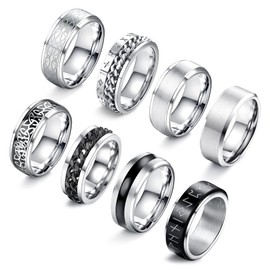 JeryWe 8 Pcs Stainless Steel Rings for Men High Polished Mens Band Wedding Engagement Fidget Rings Vintage Spinning Rings Size 7-13