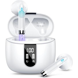 Wireless Earbuds, Bluetooth 5.4 Headphones in Ear 2025 Wireless Earphones with 4 ENC Mic, Mini Ear buds with HiFi Stereo Deep Bass, 56H Playtime Dual LED Display, Bluetooth Earbud IP7 Waterproof,White